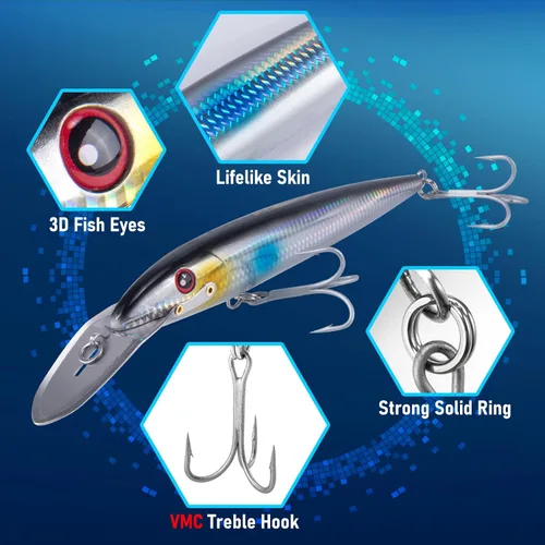 Miniatura 4 de Dr.Fish Señuelos de pesca de buceo profundo de 13 a 20 pies, señuelos de pesca dura de agua salada de 7.5 pulgadas, anzuelos agudos de buceo