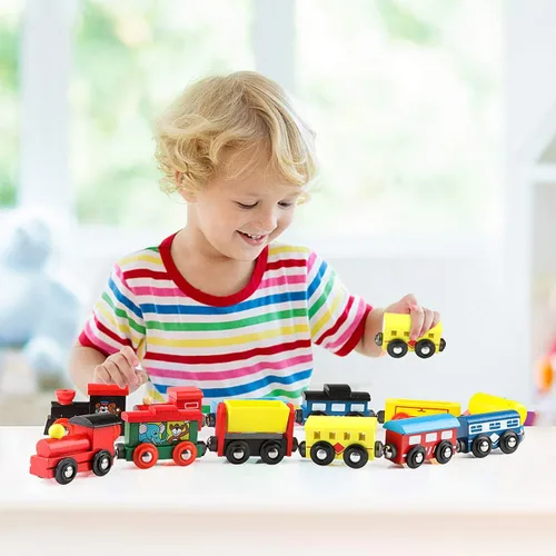 Miniatura 9 de Wondertoys Juego de 12 trenes magnéticos de madera, incluye 3 motores y bolsa de almacenamiento, juego de tren de madera para niños pequeños
