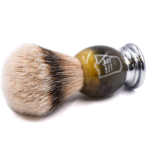 Miniatura 5 de Brocha de afeitar Parker Safety Razor con cerdas 100 % de pelo de tejón plata y mango de imitación de cuerno, con soporte incluido.