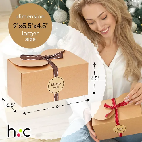 Miniatura 7 de Cajas de galletas grandes de papel kraft marrón con cintas y calcomanías (paquete de 20) cajas de regalo decorativas de 9 x 5.5 pulgadas