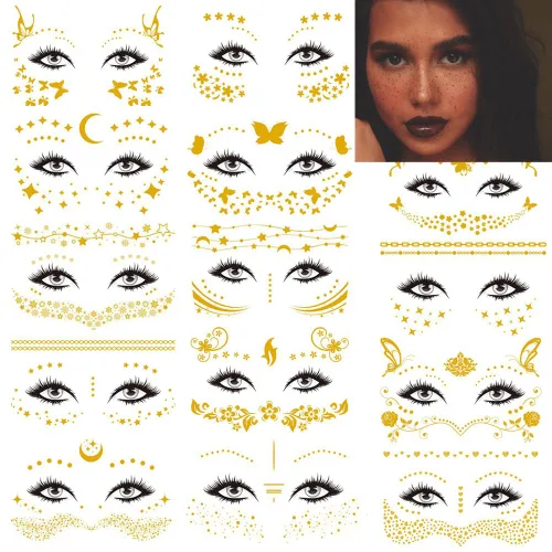 14 hojas de tatuajes temporales para la cara, calcomanías faciales de Rosymormor doradas metálicas de transferencia temporal con purpurina,