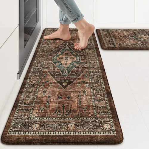 Miniatura 10 de KIMODE - Juego de 2 tapetes de cocina bohemios, antifatiga, antideslizantes, impermeables, ergonómicos, acolchados, cómodos, para lavandería, Caqui