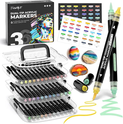 JusArt Marcadores de pintura acrílica con control automático de tinta de 36 colores, punta doble con punta ancha y punta de pincel para cerámica,