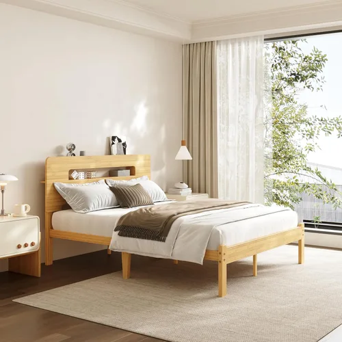 Miniatura 3 de Base de cama de tamaño matrimonial de 14 pulgadas de bambú con cabecera de almacenamiento, marcos de cama sólidos, soporte de listones de metal
