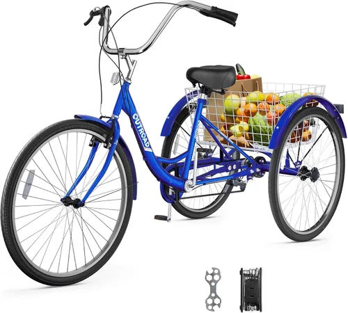 Max4out Triciclo para adultos con cesta grande de 24/26 pulgadas, bicicleta de crucero estable de 3 ruedas para compras, triciclo de playa y ciudad,