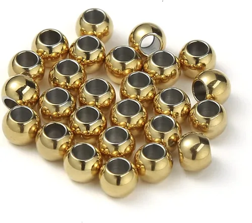 60 cuentas espaciadoras redondas de acero inoxidable chapadas en oro de 0.079 pulgadas con agujero de 0.079 pulgadas, cuentas sueltas sin costuras