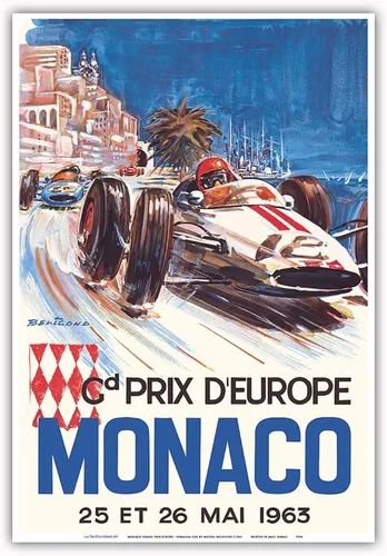 Miniatura 10 de Mónaco Grand Prix Europe (Gd Prix D'Europe) - Póster de carreras de coches vintage por Michel Beligond c.1963 - Impresión artística maestra