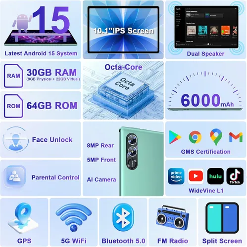 Miniatura 3 de Tableta 2025 con Android 15 de 10 pulgadas con teclado de 30 GB de RAM 64 GB ROM, tableta 2 en 1 Octa-Core con Gemini AI, WiFi 5G, 6000 mAh, Verde