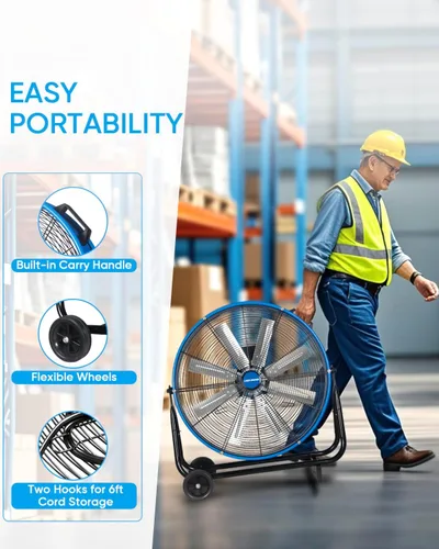 Miniatura 6 de KEN BROWN Ventilador de metal de 20 pulgadas, alta velocidad de 4700 CFM, inclinación ajustable de 360°, 3 velocidades, ventilador industrial