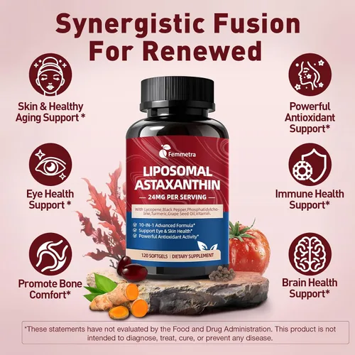 Miniatura 4 de Suplementos de astaxantina liposomal de 24 mg con licopeno para la salud de los ojos, la piel y el sistema inmunológico, suplemento antioxidante