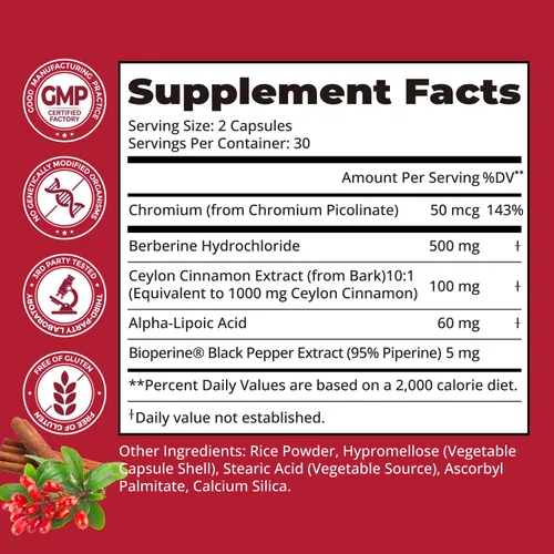 Miniatura 7 de Complejo de berberina 5 en 1 de 500 mg con extracto de canela de Ceilán, cromo, ALA y pimienta negra, apoyo al sistema inmunológico* y bienestar