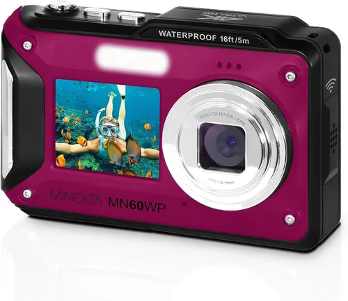 Miniatura 7 de Minolta Cámara digital impermeable - Fotos de 48 MP, video 4K UHD, pantallas LCD duales, impermeable de 16 pies, zoom de 16X, antivibración, cámara