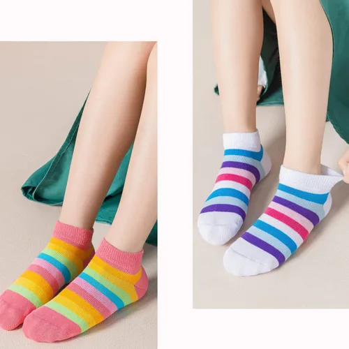 Miniatura 7 de Marchare Calcetines sin costuras para niñas, calcetines de algodón con rayas de arco iris, paquete de 5