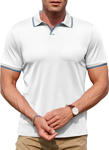 Miniatura 4 de dimidium Camisa polo de algodón de manga corta con cuello en V para hombre, estilo casual, elegante, ajuste regular, camiseta de punto Henley de golf