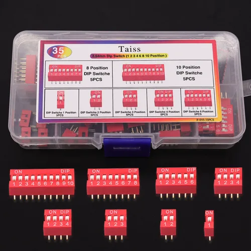 Miniatura 4 de Taiss Juego surtido de 35 interruptores de inmersión de doble fila, 1, 2, 3, 4, 6, 8, 10 posiciones, 0.100 in, montaje en PCB, interruptor DIP