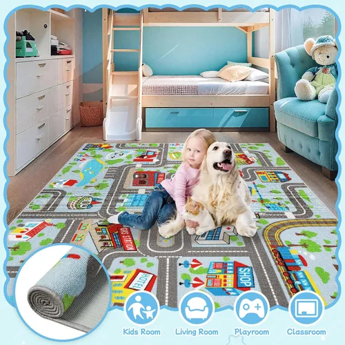 Miniatura 5 de Alfombra de juego para niños de 6.6 x 5.0 pies, alfombra azul para niños para autos de juguete, alfombra antideslizante de mapa de la ciudad