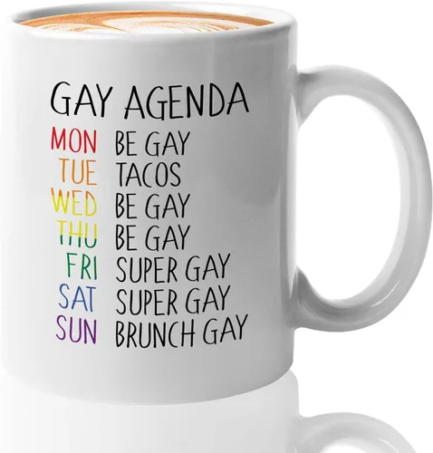 Bubble Hugs Taza de café del mes del orgullo, agenda gay, planificador semanal Rainbow Queer LGBTQ Lesbiana Gay Pride LGBT Aliado Soporte 11oz Blanco