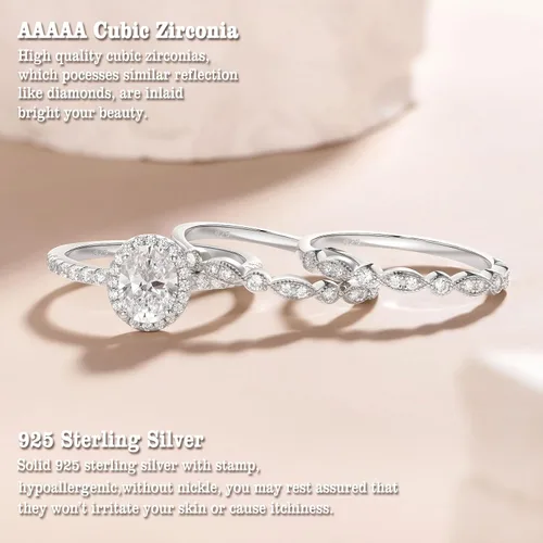 Miniatura 5 de Newshe Jewellery - Juego de anillo de compromiso, enchapados en plata 925, CZ blanco, tamaños 5-10