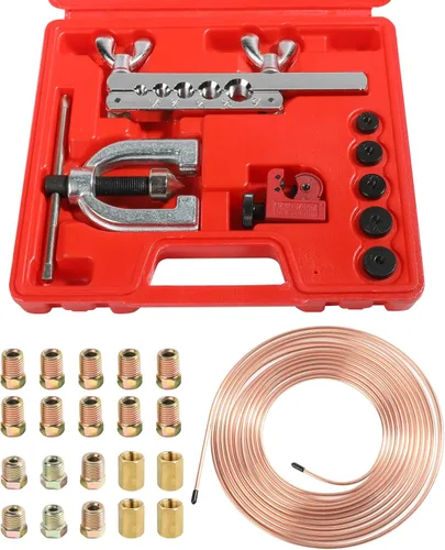 Kit de línea de freno YAKEFLY de 25 pies x 3/16 pulgadas con revestimiento de cobre, con 16 accesorios y 4 uniones de accesorios de línea de freno,