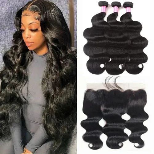 Miniatura 21 de Paquetes de Ondas Corporales con Cierre para Mujeres Negras (10 12 14+10) 100% Cabello Humano Brasileño de Ondas Corporales Sin Procesar 3 Paquetes