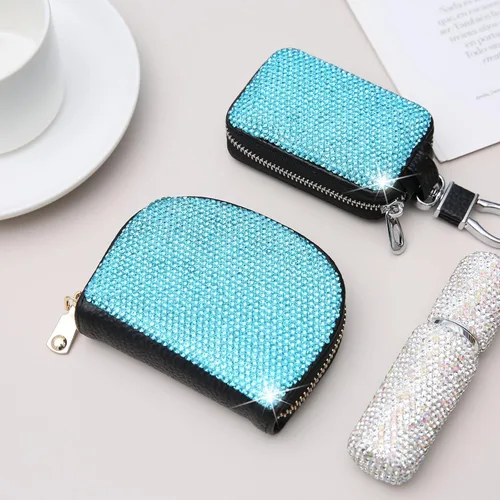 Miniatura 20 de AsAlways RFID Rhinestone titular de la tarjeta de crédito semicírculo multicapa cremallera caso Bling Crystal Slim pequeña cartera para mujeres