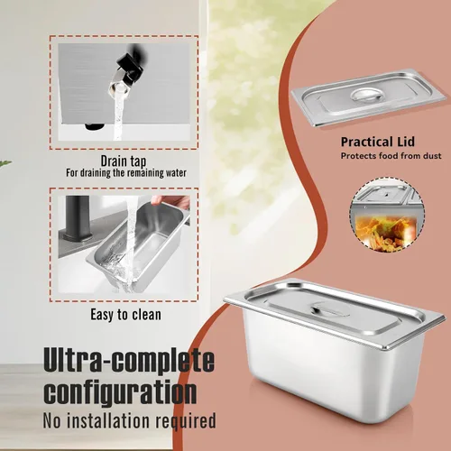 Miniatura 7 de Calentador de alimentos comercial de 3 sartenes, calentador eléctrico de alimentos de acero inoxidable de 1500 W, sartén de mesa de vapor de 6.9
