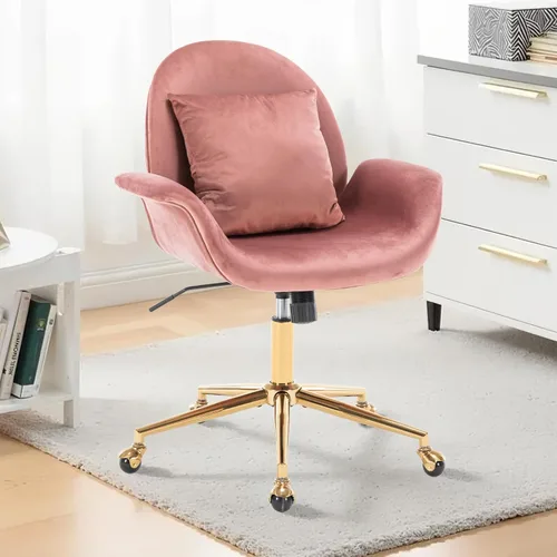 Silla de escritorio de terciopelo rosa para oficina en casa con base dorada para mujeres y niñas, silla giratoria de maquillaje con almohada, silla
