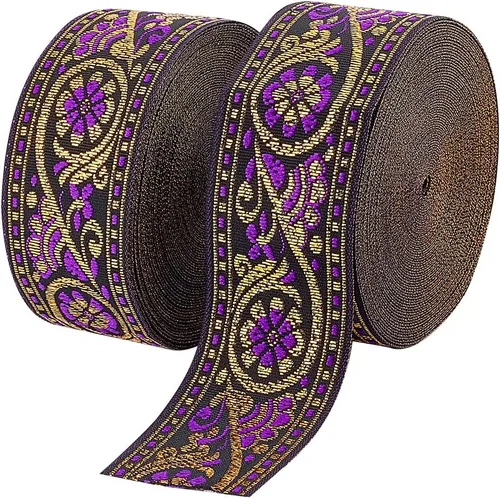 Miniatura 8 de PH PandaHall Cinta jacquard de 1.75 pulgadas, 4 yardas con adhesivo en caliente, ribete floral negro dorado bordado, cinta tejida de tela con flecos