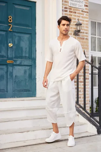 Miniatura 6 de COOFANDY Conjunto de 2 piezas de lino para hombre, camisa Henley de manga corta y pantalones capri harén, pierna ancha, holgados, pantalones de yoga