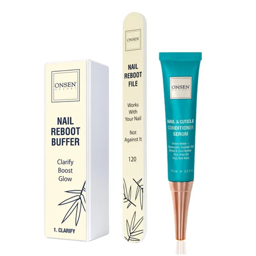 Onsen Secret Paquete de crema para cutículas, lima de uñas de doble cara grano 120/180, aceite para cutículas de uñas, suero de cuidado de uñas de
