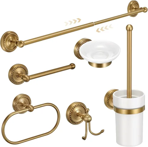 Miniatura 10 de Juego de 4 piezas de accesorios de baño de latón antiguo dorado, juego de toallero montado en la pared y anillo para toallas y soporte para papel