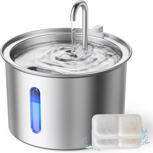 oneisall Fuente de agua para gatos de acero inoxidable, fuentes de agua de 2 litros para gatos en interiores con bomba silenciosa y 3 filtros de