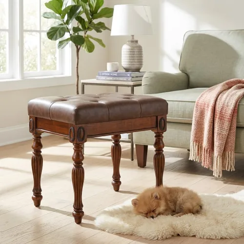 Miniatura 6 de Taburete de tocador de madera maciza con tapizado, banco de piano de mediados de siglo con patas talladas, taburetes de maquillaje con asiento