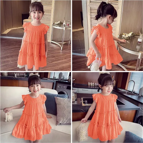 Miniatura 6 de AGQT Vestido de fiesta plisado con volantes de manga corta para niñas pequeñas, diseño de lunares suizos, con vuelo, talla 1-6T