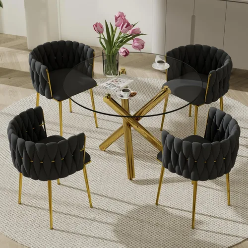 Miniatura 2 de Juego de comedor pequeño redondo con tapa de vidrio transparente para 4, 5 piezas, juego moderno dorado circular para comedor, mesa de cocina Dorado