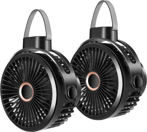 Odoland Paquete de 2 ventiladores recargables de 10000 mAh con gancho para colgar, ventilador portátil a batería, flujo de aire fuerte y silencioso,