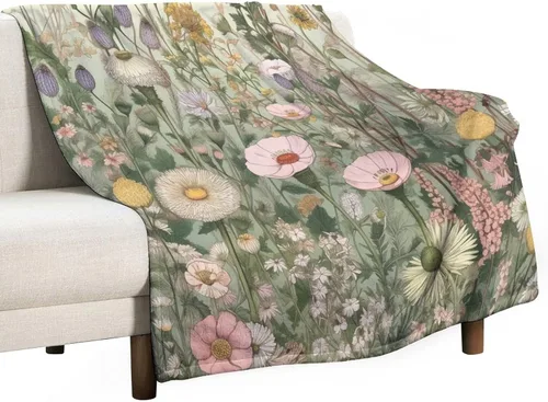 Miniatura 21 de Manta de vellón de hierbas y flores silvestres con plantas botánicas para primavera y verano, con margaritas y hojas florales, manta de franela