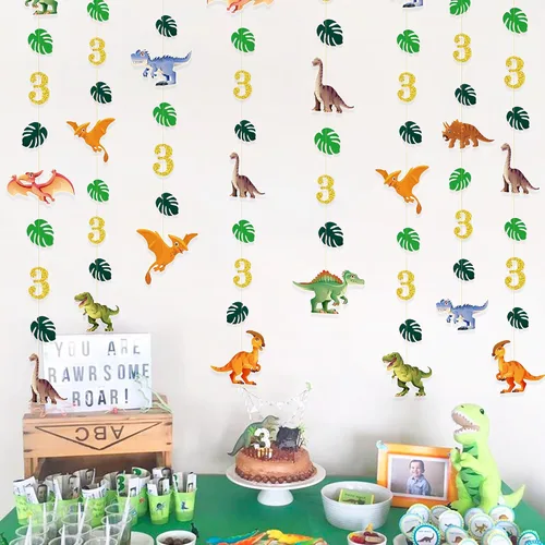 Miniatura 4 de Decoraciones de cumpleaños de dinosaurio de 52 pies para niños, pancarta de cumpleaños de tercer dinosaurio Rex, guirnalda de serpentinas, telón