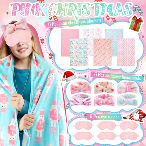 Miniatura 3 de Fanfanwin 18 piezas de suministros de fiesta de pijamas para niñas, 6 estilos lindos manta de muñeco de nieve rosa, 6 diademas de forro polar coral