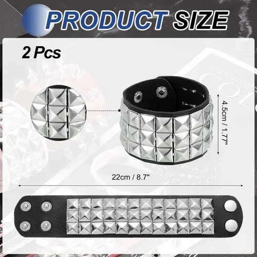 Miniatura 2 de MECCANIXITY 2 pulseras punk de cuero de 8.7 pulgadas/8.7 in en capas de remaches cuadrados, pulseras