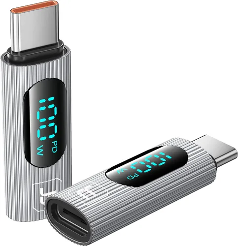 Paquete de 2 adaptadores de extensión USB C hembra a macho de 100 W - Probador de medidor de potencia tipo C con pantalla digital para iPad Pro,