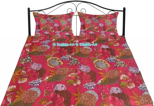 Miniatura 19 de Sophia-Art Colcha reversible de frutas indias para cama individual/king con patrón Gudri de algodón puro estilo Kantha, colcha decorativa con Rosa