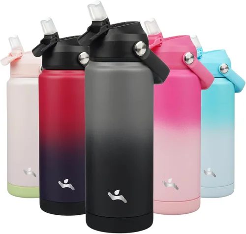 Miniatura 24 de Konokyo Botella de agua aislada con tapa de pajilla, botella de metal al vacío de acero inoxidable de 18 onzas con mango de silicona, color negro