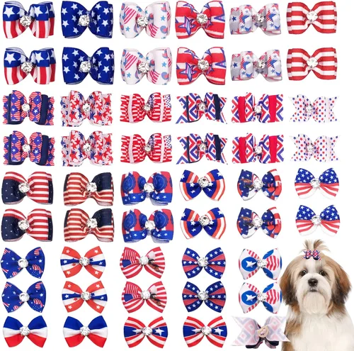 Miniatura 17 de 50 unidades (25 pares) lazos para el pelo de perros pequeños, patrón aleatorio con diamantes de imitación, lazo para el pelo para cachorros, gatos