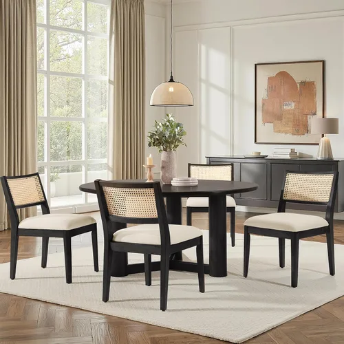 Miniatura 10 de HULALA HOME Juego de 2 sillas de comedor de ratán, sillas de cocina de madera maciza francesas para comedor con respaldo curvo, silla de cena