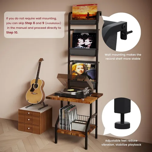 Miniatura 4 de Lutown-Teen Soporte para tocadiscos con almacenamiento de vinilo, mesa para tocadiscos con capacidad para hasta 200 álbumes, soporte giratorio de 5