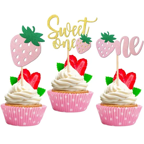 Miniatura 22 de 1 pieza de decoración para pastel de tercer cumpleaños con temática de fresa, flor brillante con temática de frutas dulces, decoración de pastel
