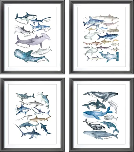 Póster de acuarela de tiburones rústicos ballenas y animales del océano azul para el hogar, casa costera, dormitorio, guardería, decoración