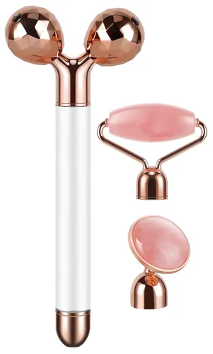DANGSHAN Rodillo de jade eléctrico 3D rodillo facial y masajeador facial, cuarzo rosa 3 en 1 Blanco
