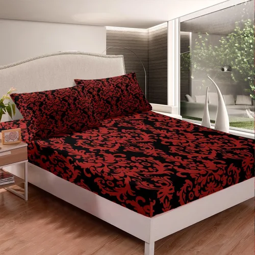 Miniatura 2 de Erosebridal Juego de sábanas de damasco con diseño floral, tamaño individual, gótico, rojo y negro, juego de sábanas de flores barrocas victorianas